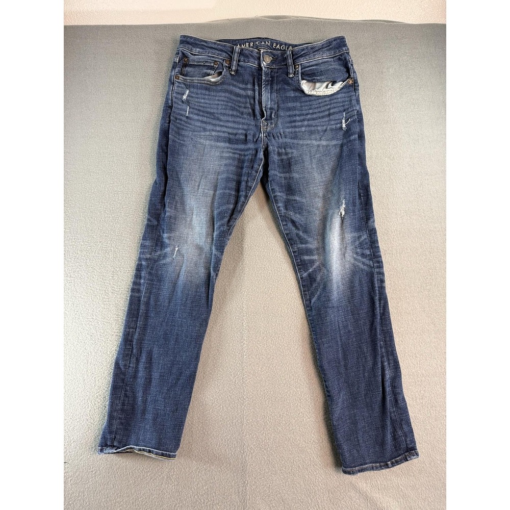 American Eagle Slim Straight Jeans Mens 34x30 Med Blue Distressed Airflex+